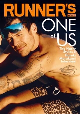 Magazine cover featuring a muscular individual with tattoos, themed around running.