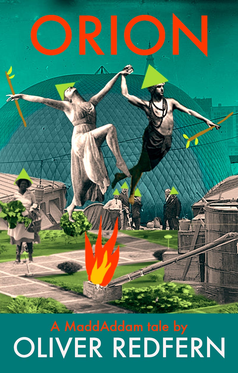 A collage of black and white cut out figures over a green urban setting. Two of these figures are a couple holding hands, dancing above a fire. Above them, the title "Orion" in orange.