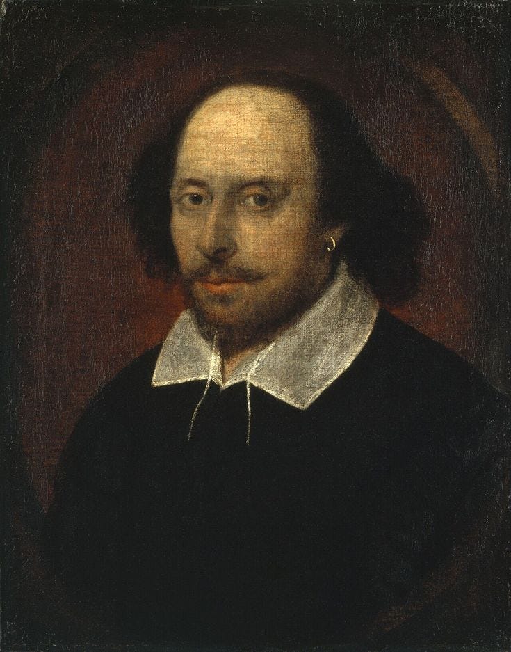 This may contain: a painting of a man in black with white collar and earrings, looking to the side