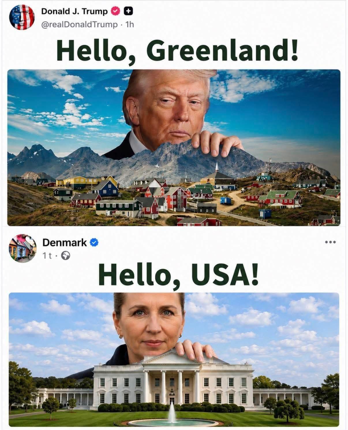 May be an image of map and text that says "Donald J. Trump @realDonaldTrump 1h Hello, Greenland! 田 EII Denmark 1t 1t. Hello, USA! 県用"