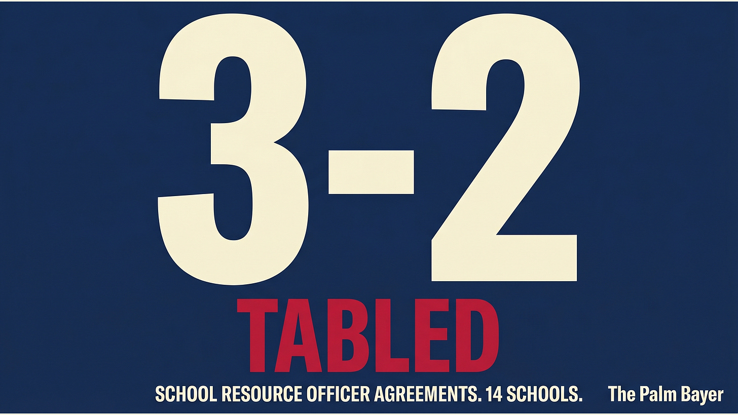 Vote tally: 3-2 TABLED, School Resource Officer agreements covering 14 schools