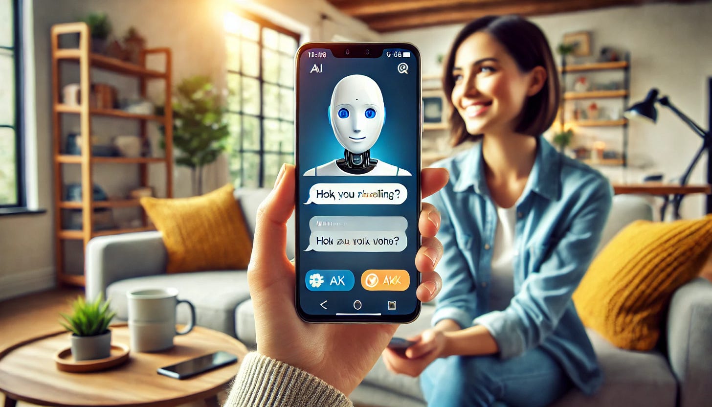 A person is holding a smartphone and talking to an AI assistant. The screen shows a chat interface with the AI responding in a realistic, human-like voice. The background is a cozy, modern living room with a couch, a coffee table, and a large window letting in natural light. The person looks engaged and is smiling as they interact with the AI on their phone. The AI assistant is visually represented on the phone screen with a friendly and approachable avatar.