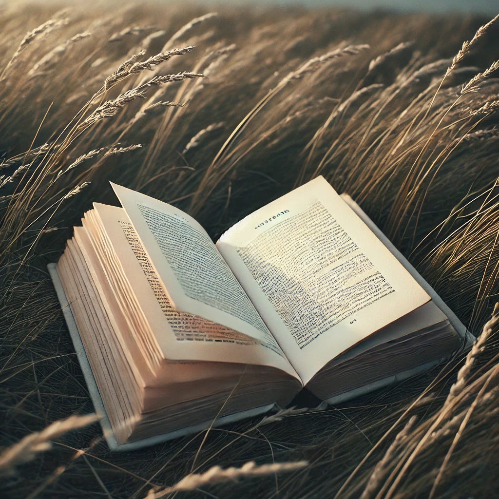 An open book lies in tall grass with no visible cover or title. The pages flutter gently in soft natural light. The scene feels quiet and untouched, suggesting something finished and whole, even without a reader.