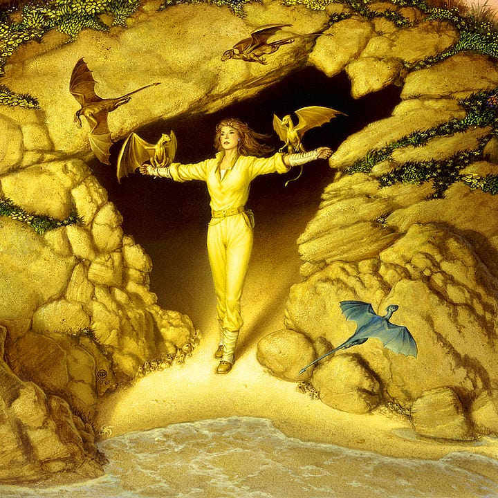 LEFT: Background detail from DRAGONSDAWN featuring islands rising from the blue lavender sea. On the foreground island, a leafless alien tree stands at the edge of a rocky hill. The trunk is comprises of short cylinders that form plateaus as if expressing a vertical growing cycle. Stiff pointy branches extend to the side like spears.  RIGHT: Figure detail from DRAGONSDAWN featuring a woman in a yellow jumpsuit emerging from a cave. She stands with arms outstretched. A tiny dragon perches on each forearm.