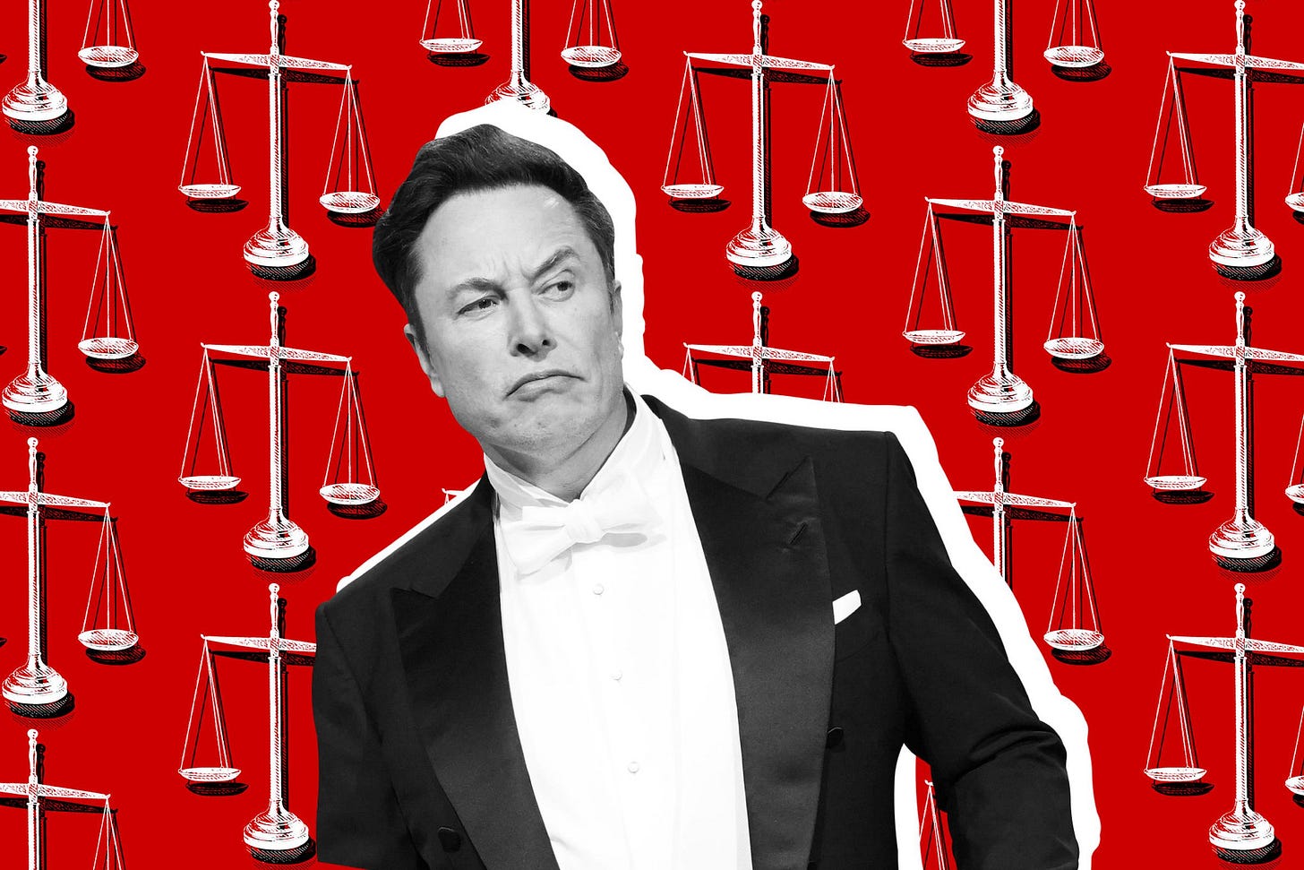 An image of Elon Musk in a tuxedo making an odd face. The background is red with weight scales on it. An image of Elon Musk in a tuxedo making an odd face. The background is red with weight scales on it.