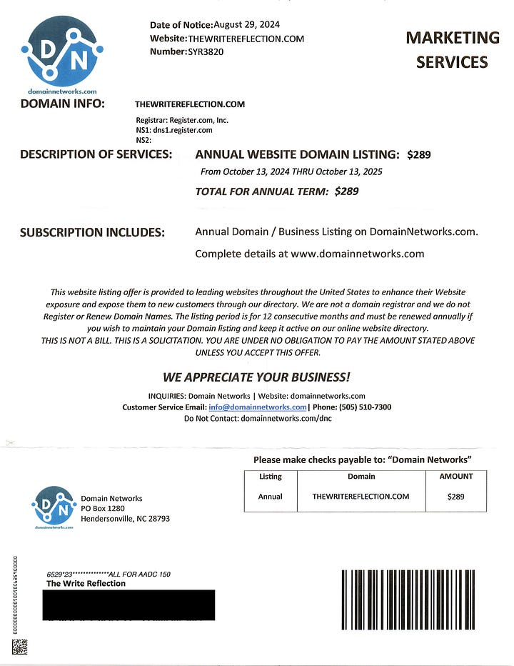 Copies of a deceptive invoice from Domain Networks for The Write Reflection website.