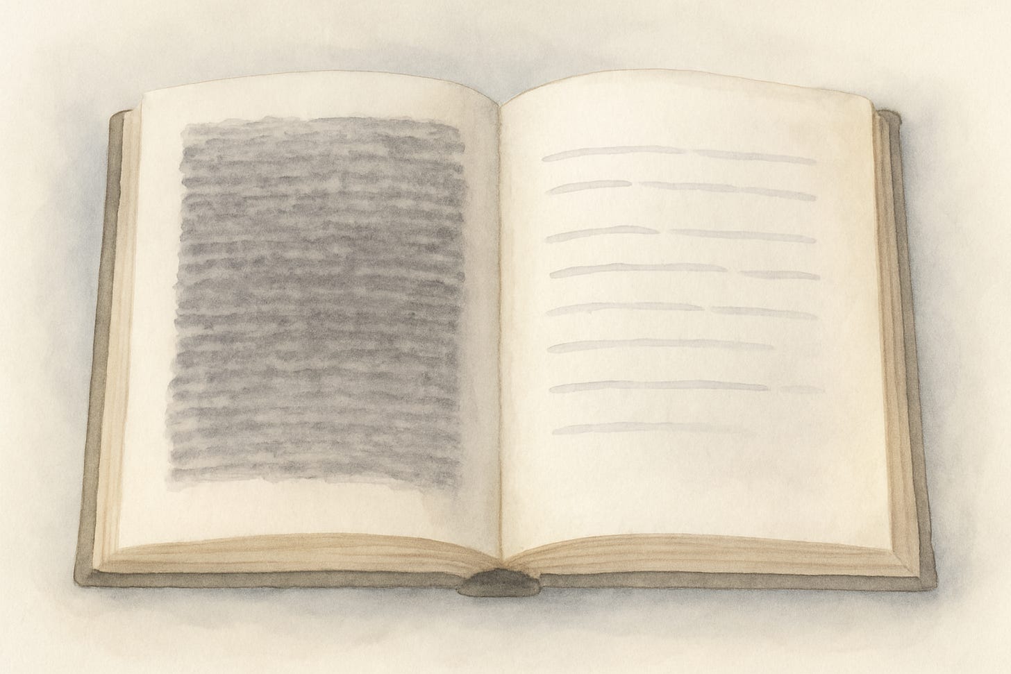 An open book illustrated in soft watercolor style, with the left page covered in a dense gray block of scribbles and the right page showing light, widely spaced lines.