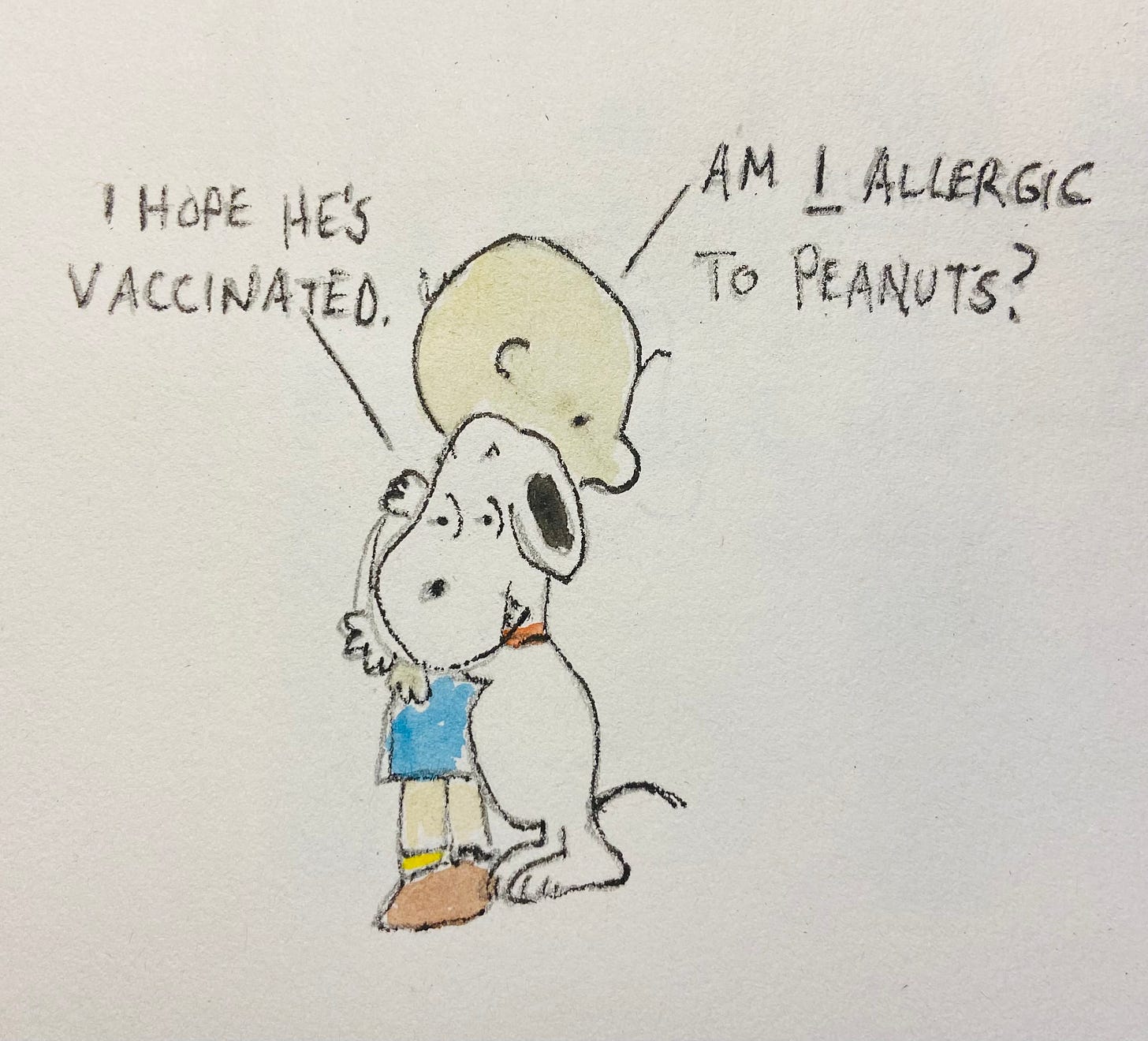 Charlie Brown hugs Snoopy, and both have second thoughts