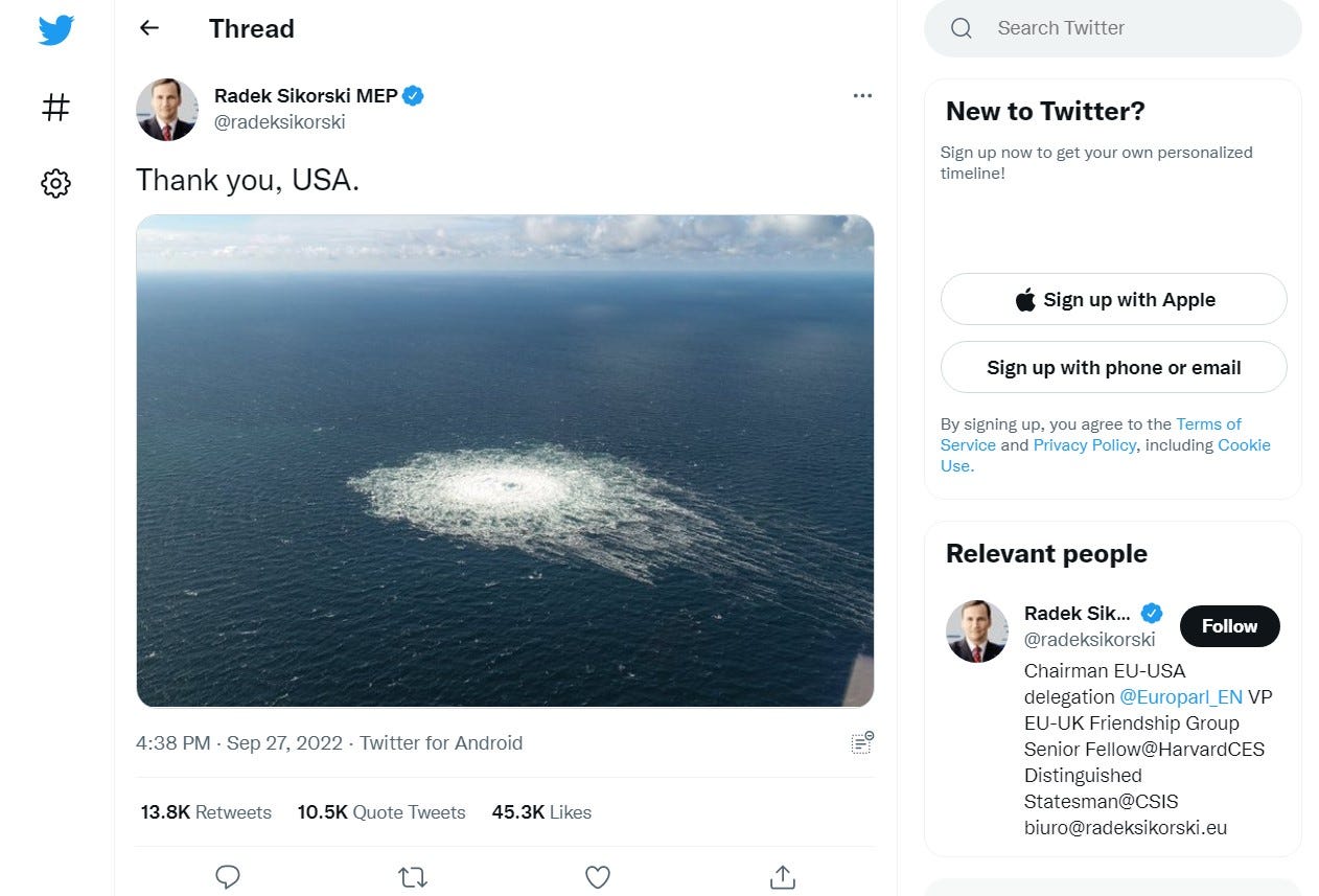 Nord Stream Radek Sikorski tweet USA