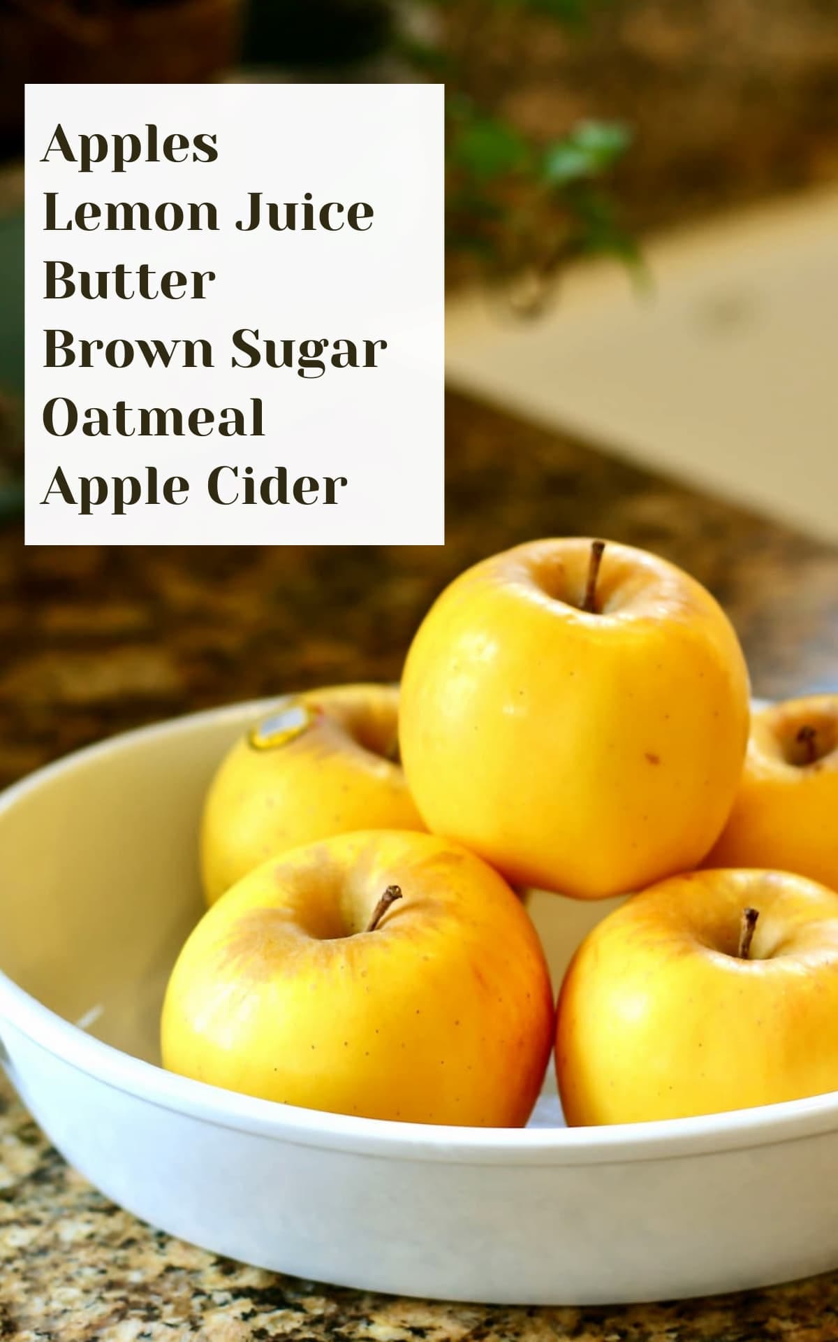 a bowl of apples on a countertop, with a text overlay saying the ingredients for baked apples