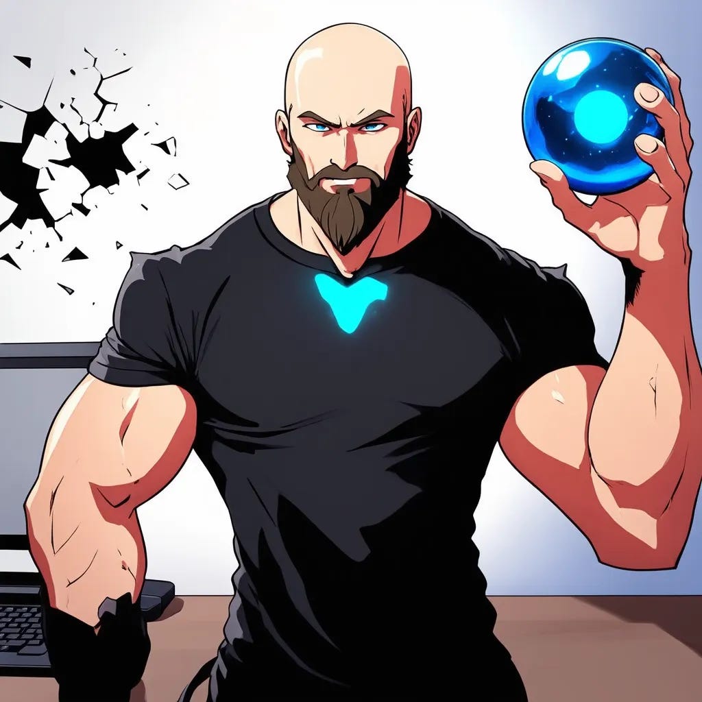 bald muscular man with beard holding blue orb in front of a broken computer