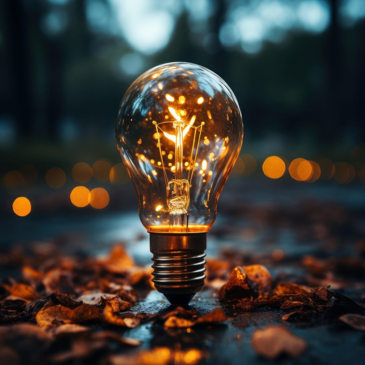 A glowing lightbulb standing on its end among leaves or petals