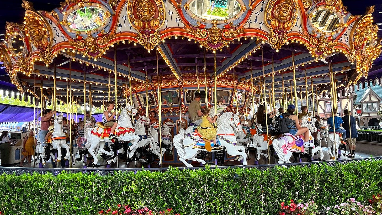 King Arthur Carrousel at Disneyland in 2022. Walt had it built to closely match the Griffith Park ride. Image: Benoit Prieur via Wikimedia Commons