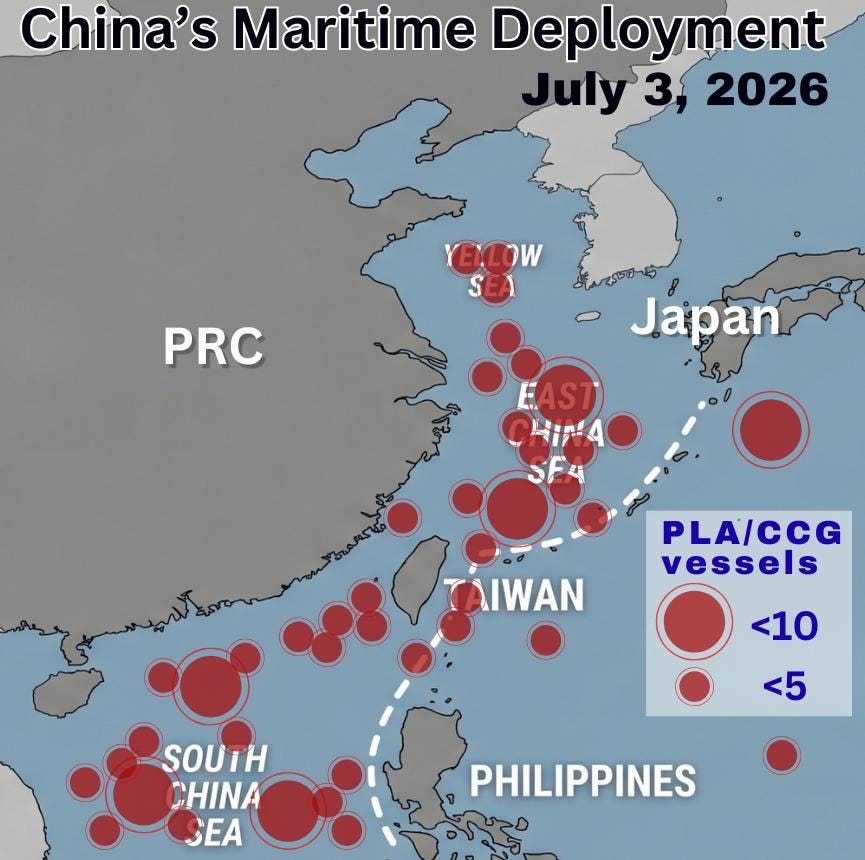 Locations of 110 PLA naval and coast guard vessels as of July 3. (X, Joseph Wu image)