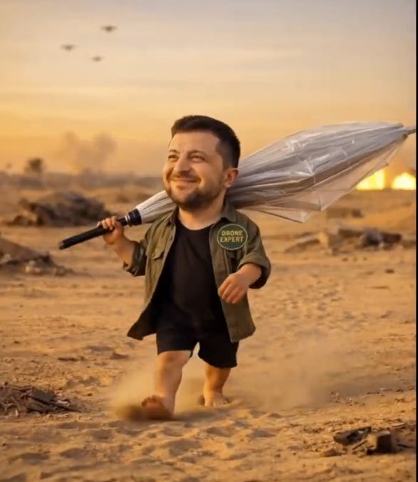 Cartoon image of Volodymyr Zelensky watching the Iran war in the desert. Cartoon image of Volodymyr Zelensky watching the Iran war in the desert.