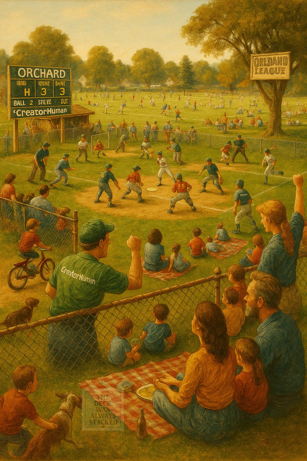 Parable Image 1 — Peaceful Baseball Park Alt: A sunlit American baseball complex filled with kids playing, families cheering, and community life in full bloom.A sunlit American baseball complex filled with kids playing, families cheering, and community life in full bloom.