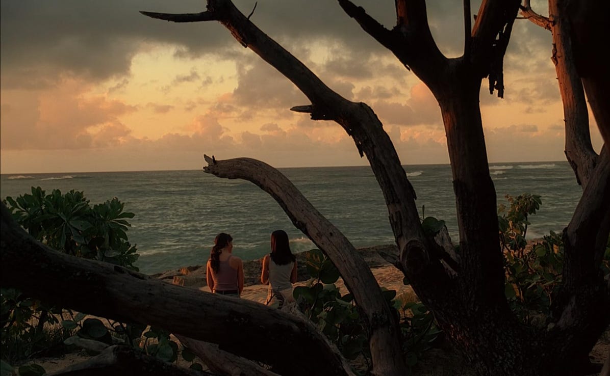 A frame from the tv show "Lost"; two women sit on a beach at sunset dramatically framed by a large tree in the foreground