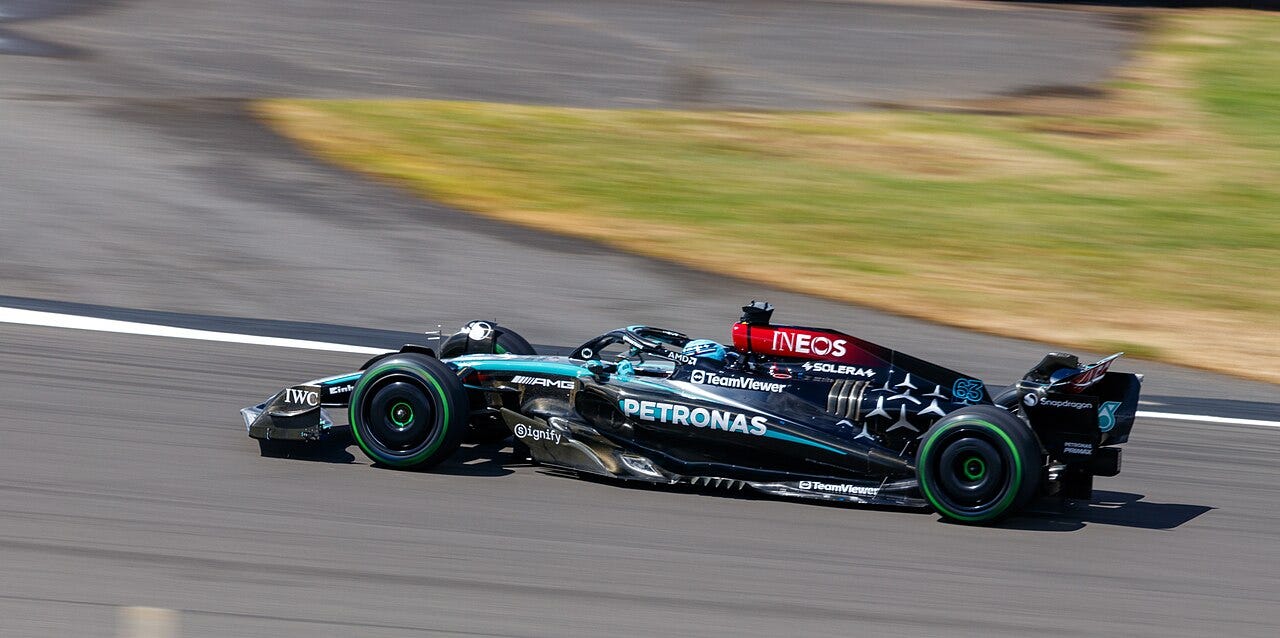 George Russell driving the Mercedes W15 at the 2024 British Grand Prix, Silverstone