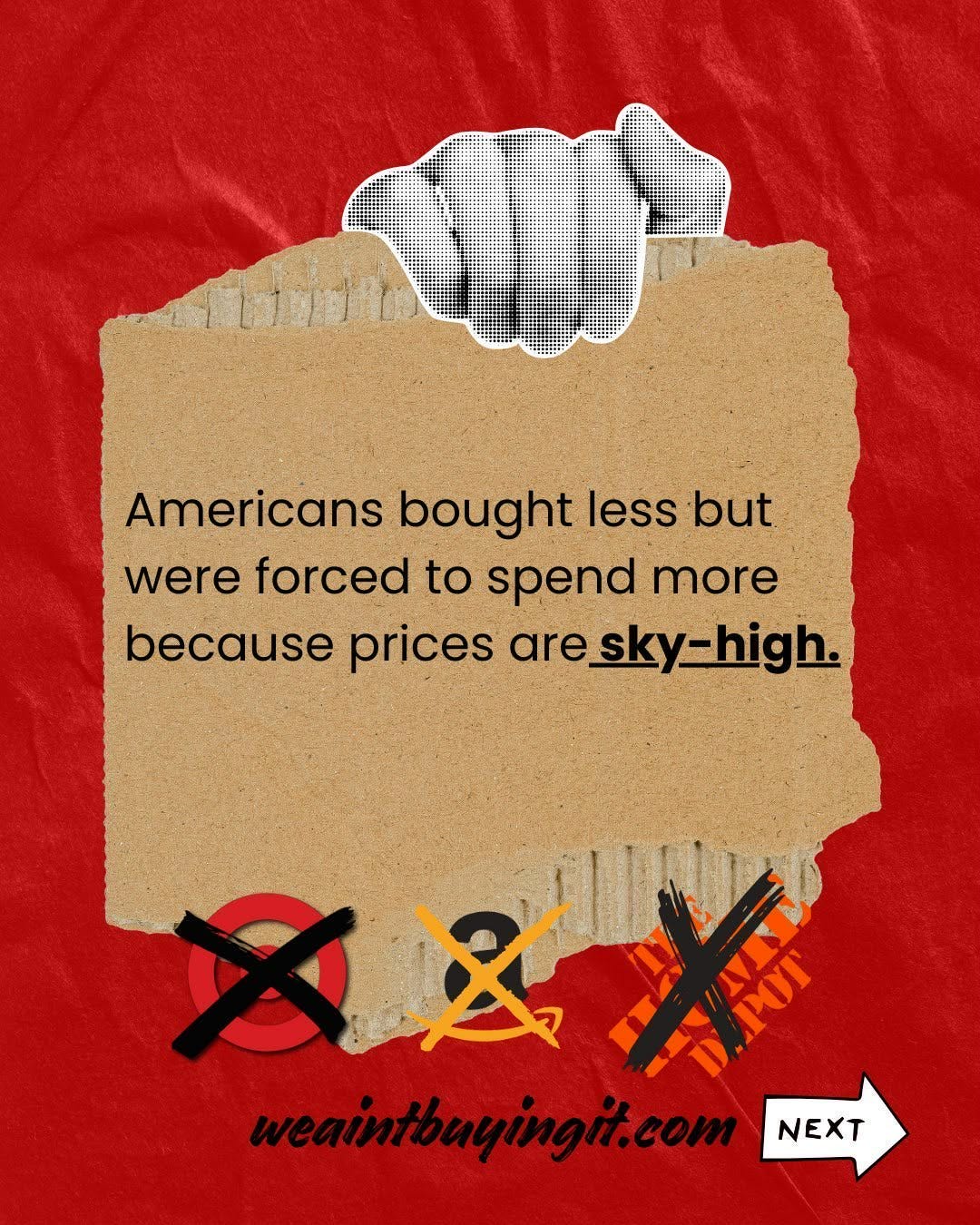 Collage-style graphic with a red background and torn cardboard showing a halftone pointing hand above the text: “Americans bought less but were forced to spend more because prices are sky-high,” highlighting how inflation, not demand, drove Black Friday record sales. Collage-style graphic with a red background and torn cardboard showing a halftone pointing hand above the text: “Americans bought less but were forced to spend more because prices are sky-high,” highlighting how inflation, not demand, drove Black Friday record sales.