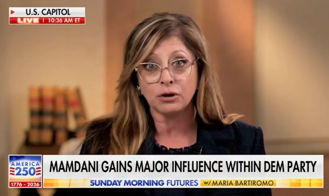 Video screenshot of Maria Bartiromo, wearing glasses, her eyebrows arched as she asks a question during a sit-down interview in an office with decorative law books. Fox News chyron reads 'Mamdani gains major influence within Dem party'