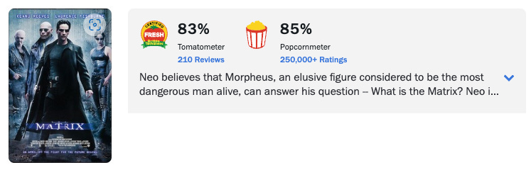 Rotten Tomatoes Matrix movie rating with 83% Tomatometer and 85% Audience Score. Featured in Beating the Tide newsletter to illustrate sequel fatigue in the context of renewed tariff fears and market reactions. Rotten Tomatoes Matrix movie rating with 83% Tomatometer and 85% Audience Score. Featured in Beating the Tide newsletter to illustrate sequel fatigue in the context of renewed tariff fears and market reactions.