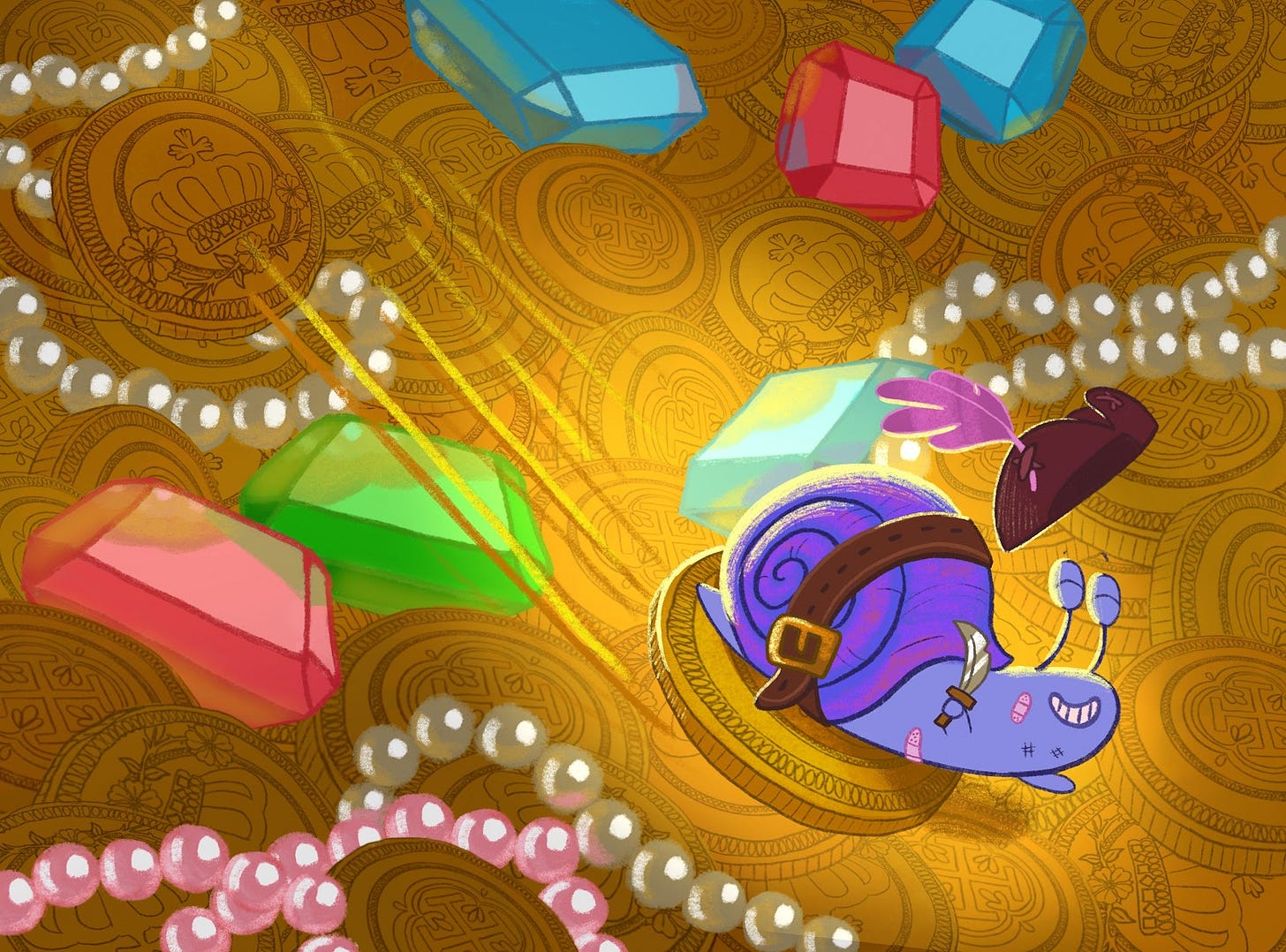 A cartoon snail and jewels

Description automatically generated