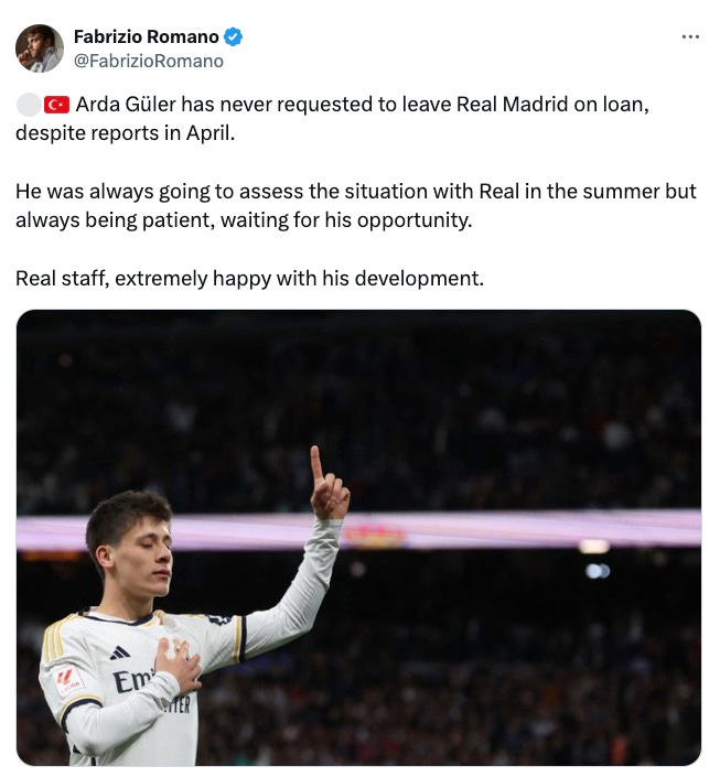 A tweet by Fabrizio Romano on Arda Guler