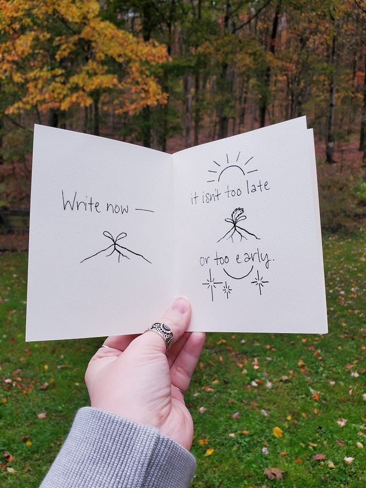 First photo: the cover of the zine, featuring a sketched daisy. Second photo: the first two pages of the zine, featuring the first few lines of the poem and drawings of a seedling growing. 