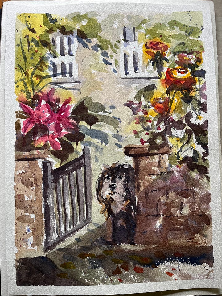 two watercolour paintings, one of Glen Lyn Gorge and the other of a dog at a gate outside a cottage by Jo Scott