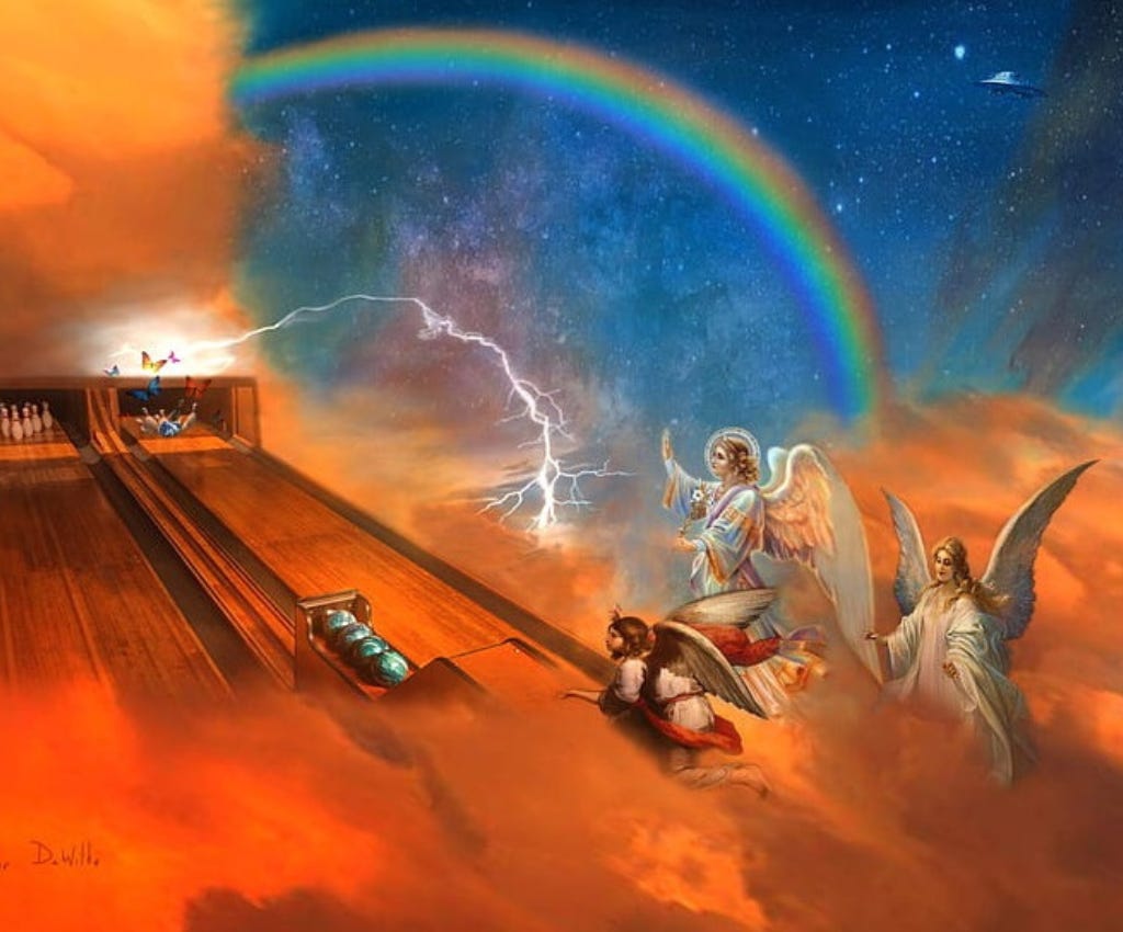 Artist rendering of heaven, with an orange cloud containing two bowling alleys on it.  The right side is dark blue with a rainbow arching over a lightening strike and a small brown haired angel bowling, while two larger female angels look on. 