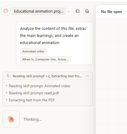 Claude Design reading the uploaded article PDF and listing analysis steps while the animation task runs.