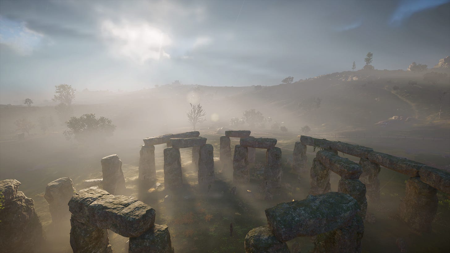 a hyper-real digital rendering of stonehenge at dawn, with misty hills in the background.