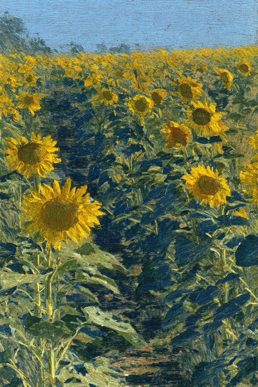 Dense sunflower plantation stretching into the distance, sunflowers aligned in symmetrical rows, sun-kissed petals and vibrant green leaves, warm morning light --ar 2:3 --sref 1319887298 --profile i6fyyx5 --sv 4 --v 7 Dense sunflower plantation stretching into the distance, sunflowers aligned in symmetrical rows, sun-kissed petals and vibrant green leaves, warm morning light --ar 2:3 --sref 1319887298 --profile i6fyyx5 --sv 4 --v 7