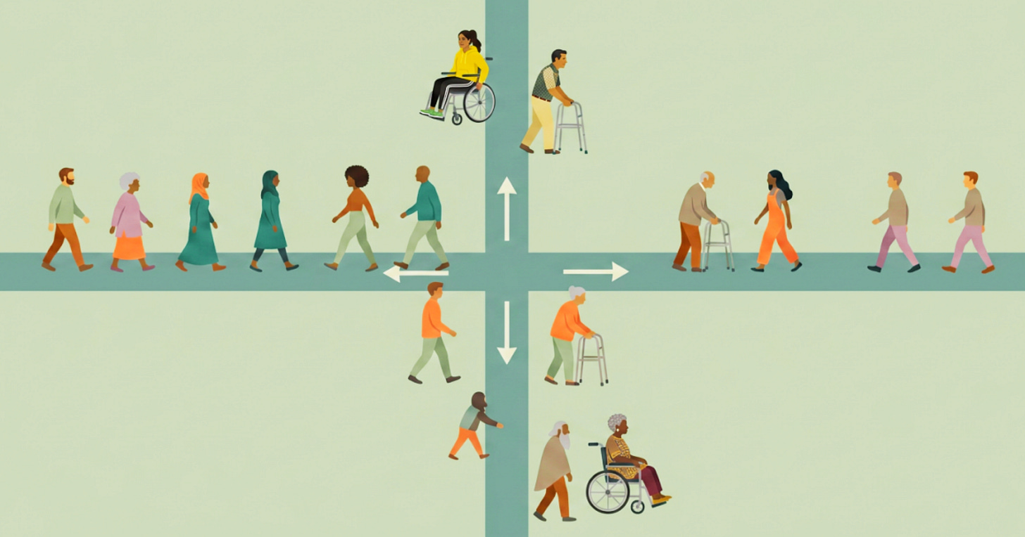 Illustration of a crossroads with arrows pointing left, right, up and down, showing a diverse group of people moving in different directions across the intersection.