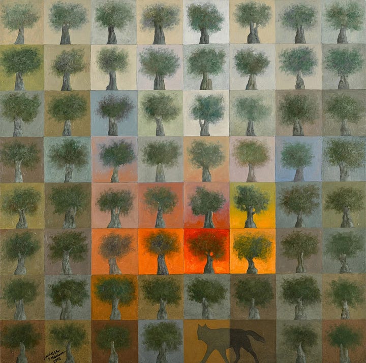 An oil painting of a grid of olive trees on backgrounds of various colors. An oil painting of a grove of olive trees on an ambiguous background.