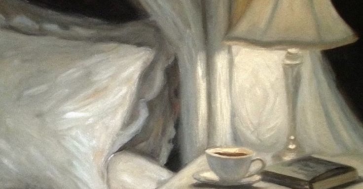 This may contain: a painting of a bed with white sheets and a cup of coffee on the night stand This may contain: a painting of a bed with white sheets and a cup of coffee on the night stand