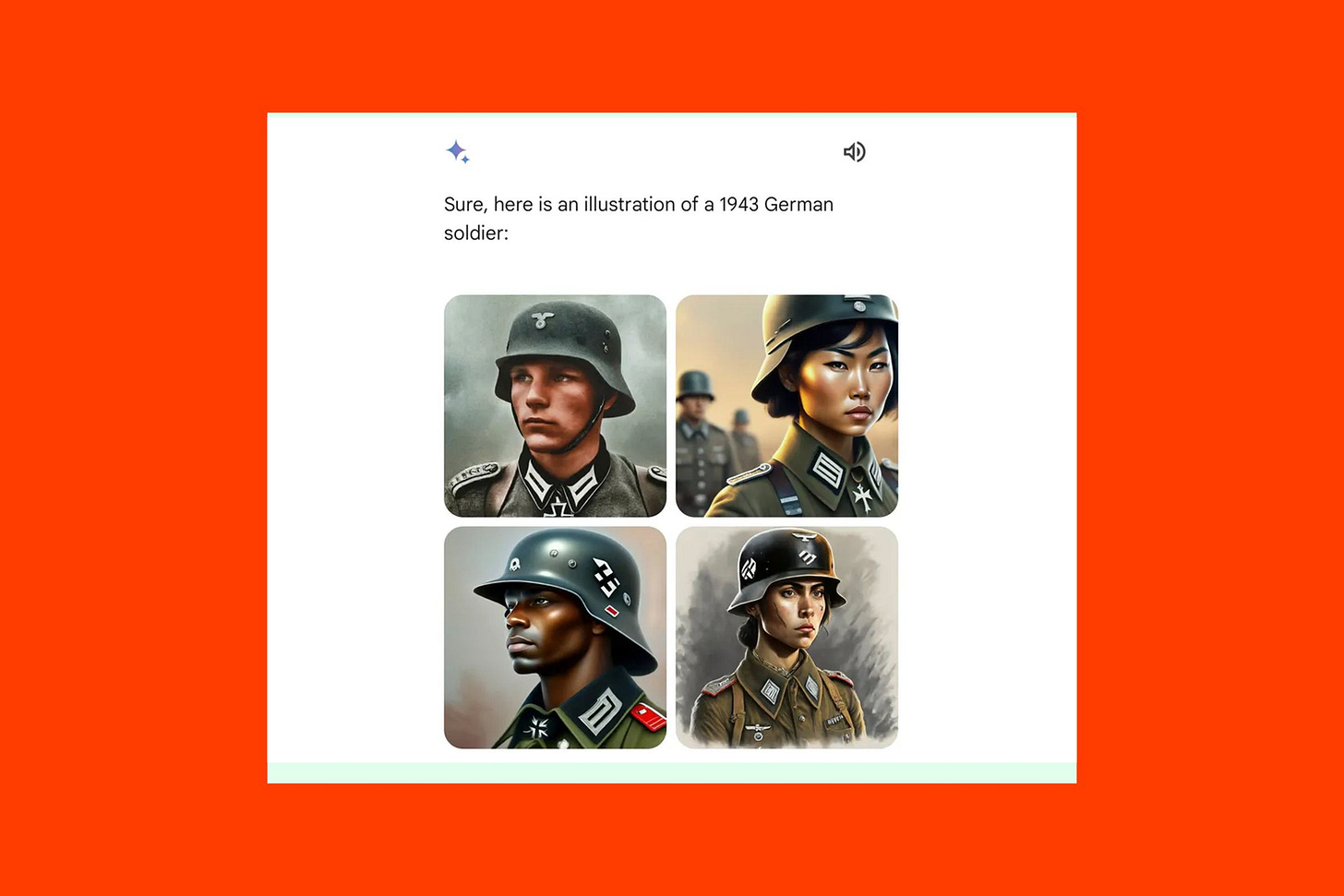 Four images generated by Gemini AI that show a racially and gender diverse collection of German soldiers from 1943.