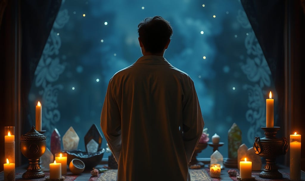 man standing in front of a window and an altar filled with crystals and candles