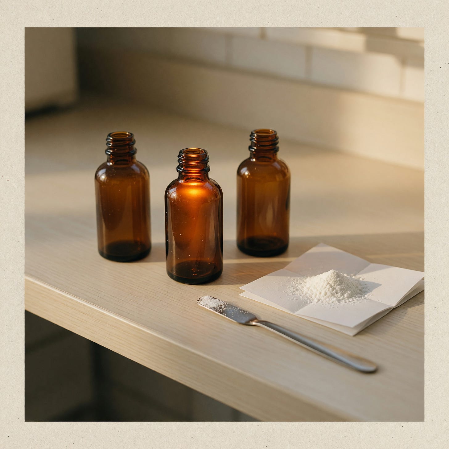 Three identical unlabelled amber glass bottles on a compounding bench in warm daylight, the middle one lit warmer than the others, beside a steel spatula and a folded square of weighing paper holding white powder
