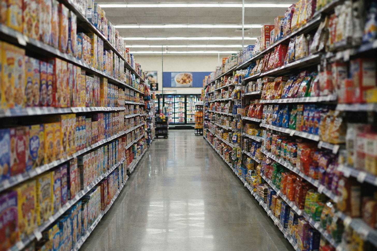 Supermarket aisle of packaged processed foods