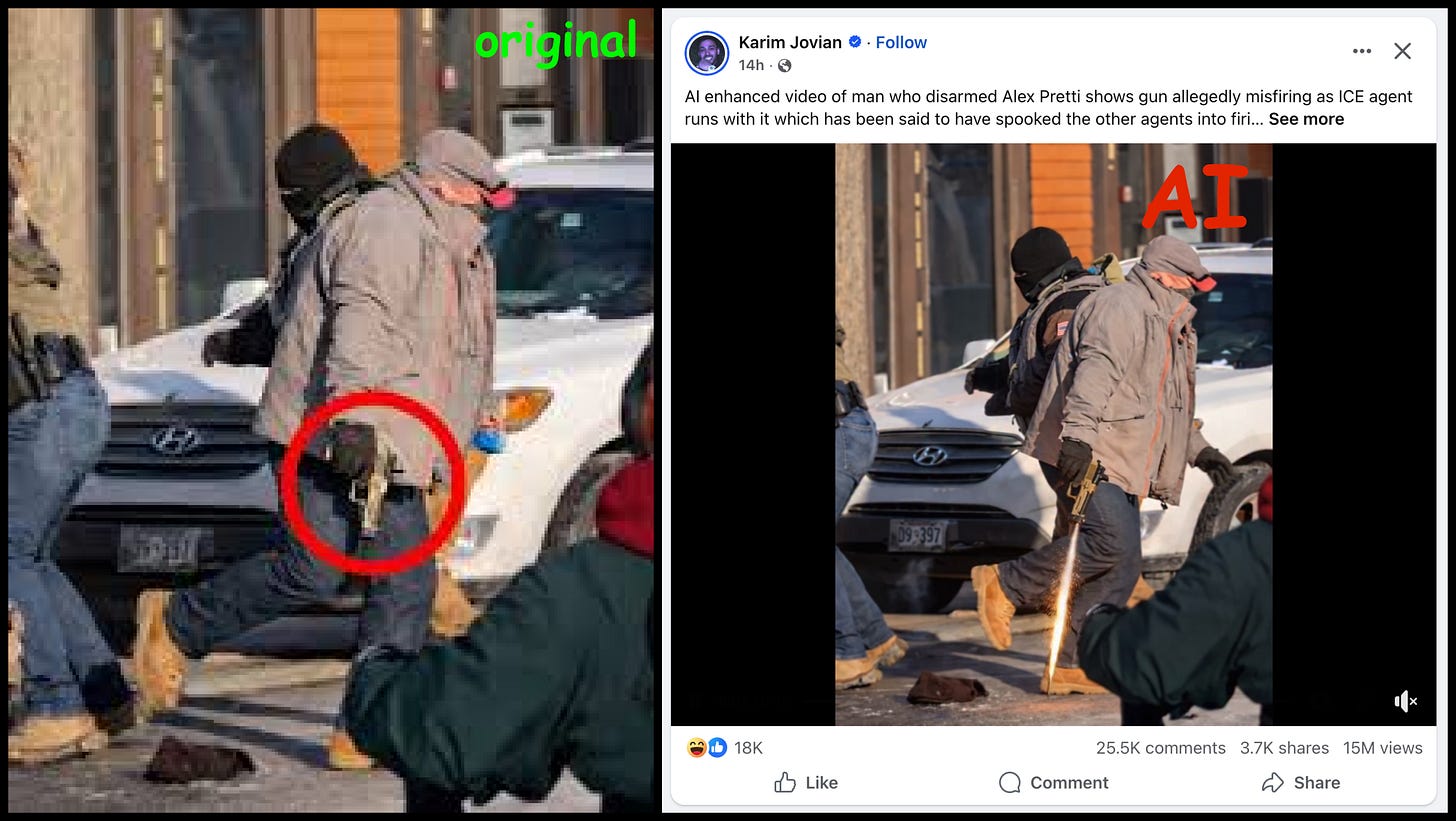original image from video of Alex Pretti shooting, and AI-altered version showing a nonexistent gun discharge