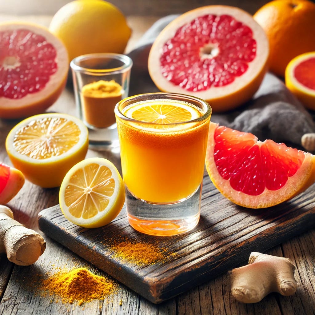 A realistic and vibrant image of a vitamin C citrus shot served in a small glass, placed on a rustic wooden table. Surrounding the glass are fresh orange slices, grapefruit wedges, lemon halves, and a small pinch of ginger powder. The setting is bright and inviting, with natural light enhancing the vibrant colors and health benefits of the drink.