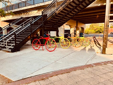 park, river, sky, sunlight, bikes, signs
