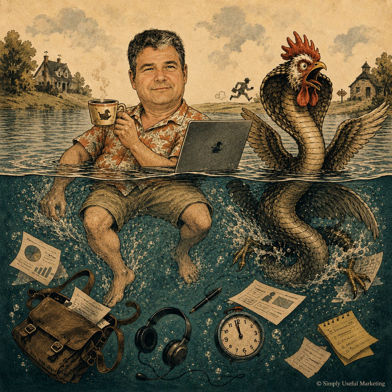 Vintage-style illustration of a calm man in an aloha shirt holding a tea mug above the water while, below the surface, his legs paddle furiously amid scattered notes, a laptop bag, headphones, and a clock. A startled cobra chicken paddles beside him.