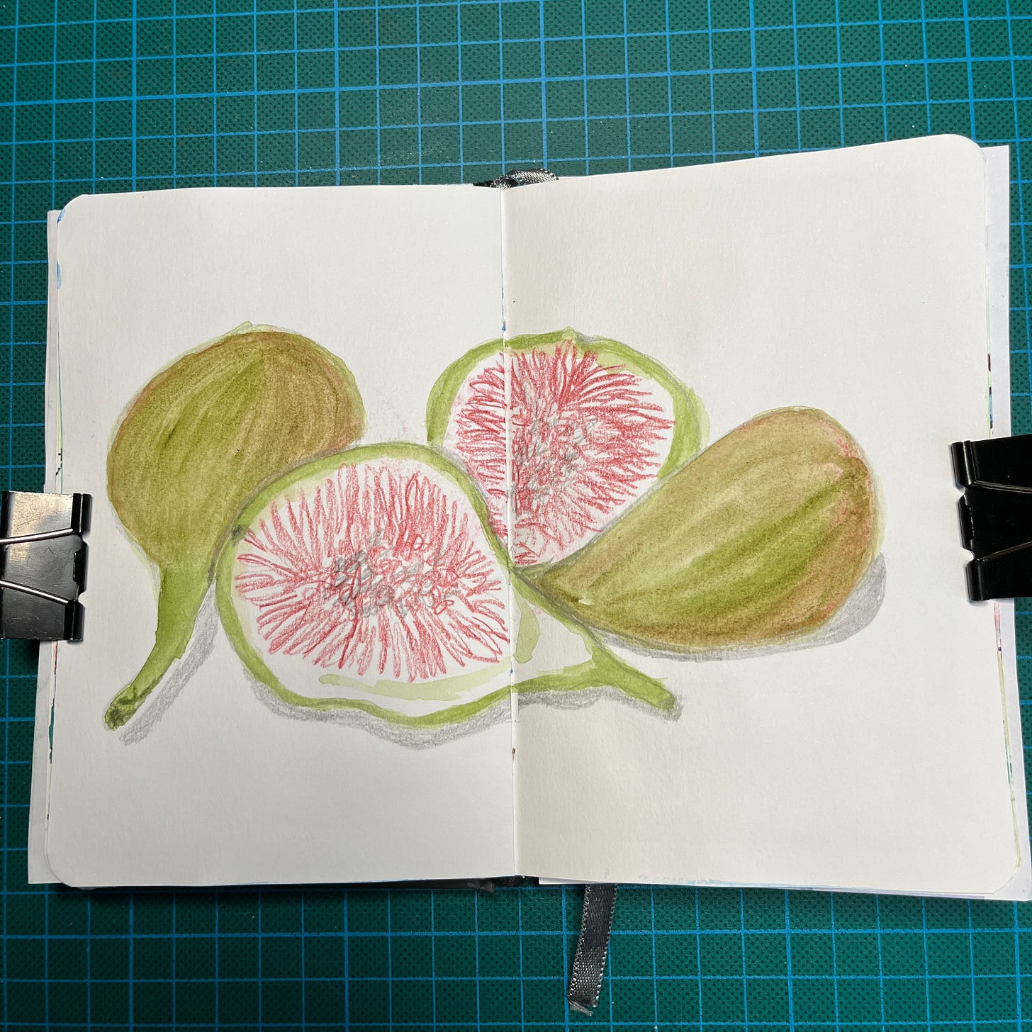 Posé sur mon tapis de découpe, mon sketchbook ouvert sur la double-page où j'ai fait le dessin du Jour 23 : des figues. Posé sur mon tapis de découpe, mon sketchbook ouvert sur la double-page où j'ai fait le dessin du Jour 23 : des figues.
