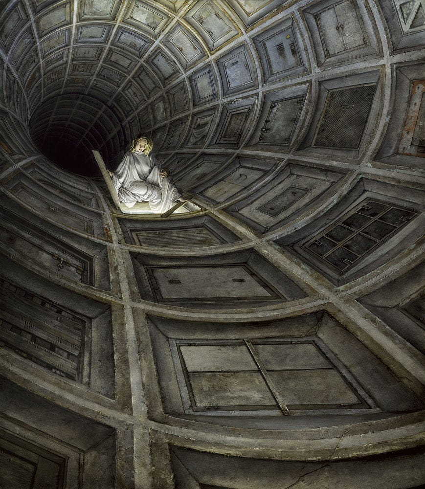 Inside a dark concrete tunnel curving like the inside of a torus, the walls are segmented in square panels each set with a distinct hatch. Some but not all have hinges while some are obscured with tattered cloth. A few hatches have inviting handles or knobs to pull them open. A woman in white robes pauses to peer down through an opening after removing the plain wooden board covering it. Bathed in light from below, she comfortable rests her foot on a narrow wooden plank propped across the corner of the opening. The concrete below her is thick offering only the narrowest view of pale blue from the viewer's perspective. Inside a dark concrete tunnel curving like the inside of a torus, the walls are segmented in square panels each set with a distinct hatch. Some but not all have hinges while some are obscured with tattered cloth. A few hatches have inviting handles or knobs to pull them open. A woman in white robes pauses to peer down through an opening after removing the plain wooden board covering it. Bathed in light from below, she comfortable rests her foot on a narrow wooden plank propped across the corner of the opening. The concrete below her is thick offering only the narrowest view of pale blue from the viewer's perspective.