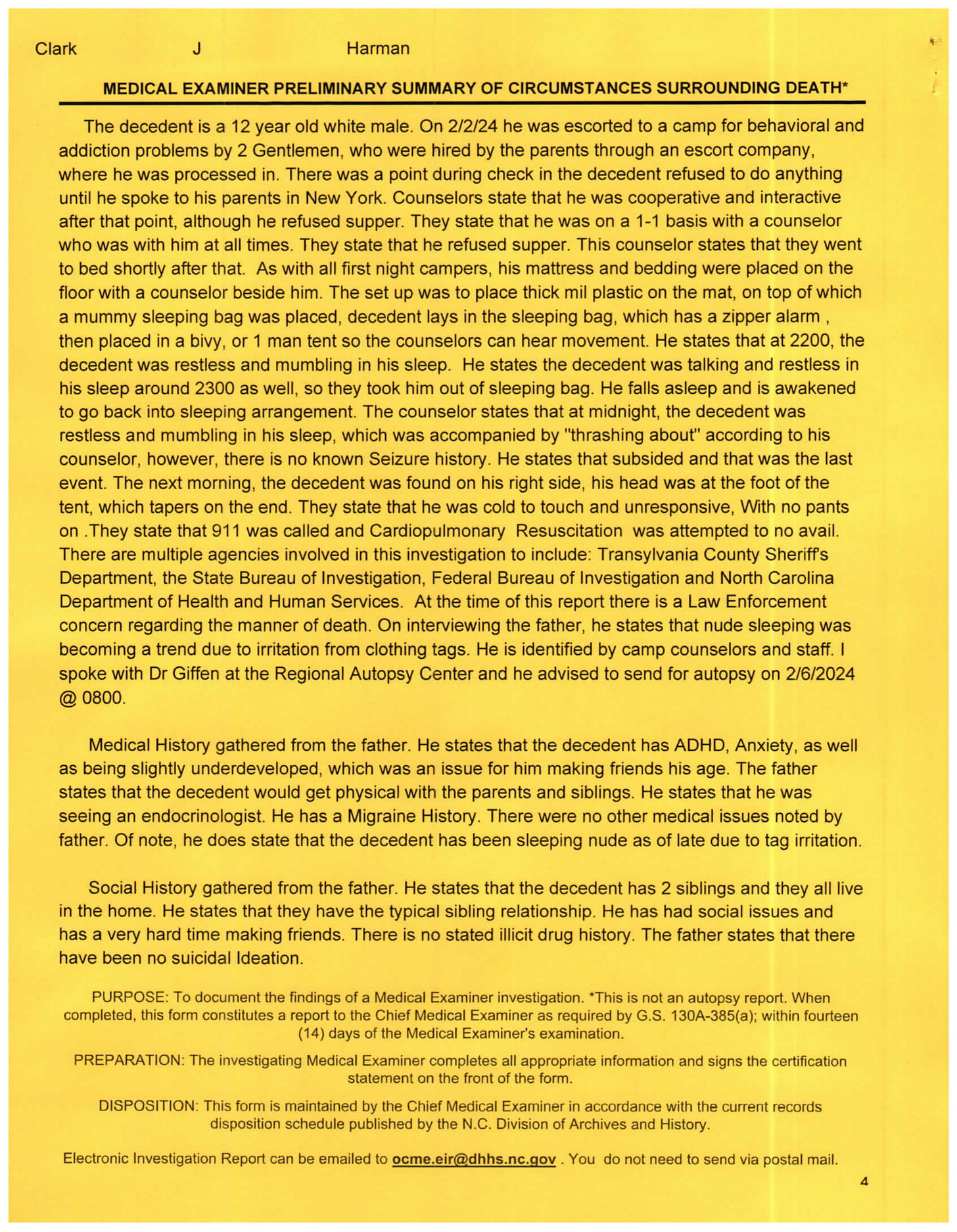 The fourth and final page of the M.E.'s report, full P.D.F. available for download, below