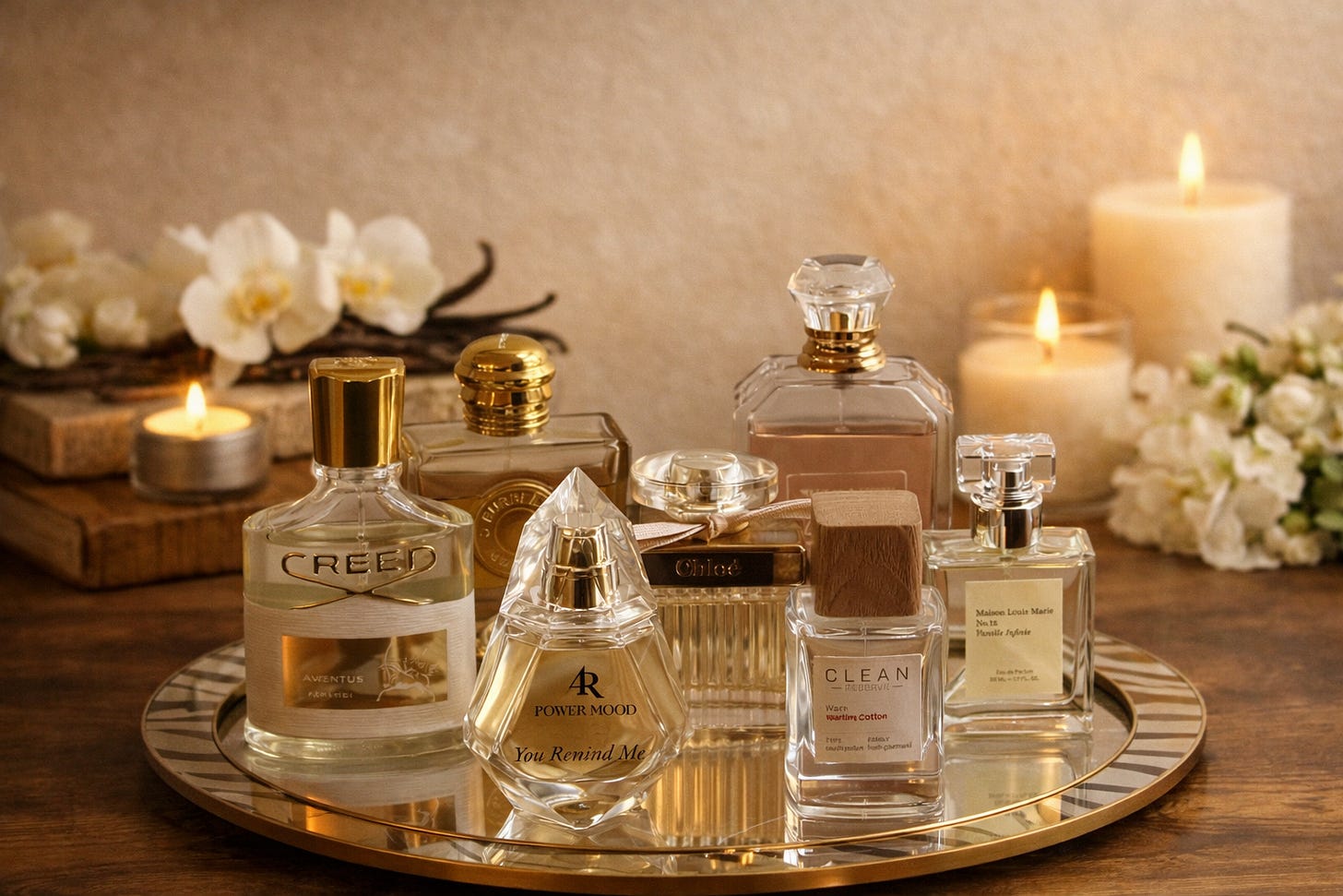 Elegant perfume display with floral accents