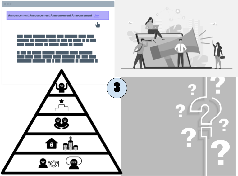 image showing an announcement page, people around big hand mic, a pyramid, and question marks image showing an announcement page, people around big hand mic, a pyramid, and question marks