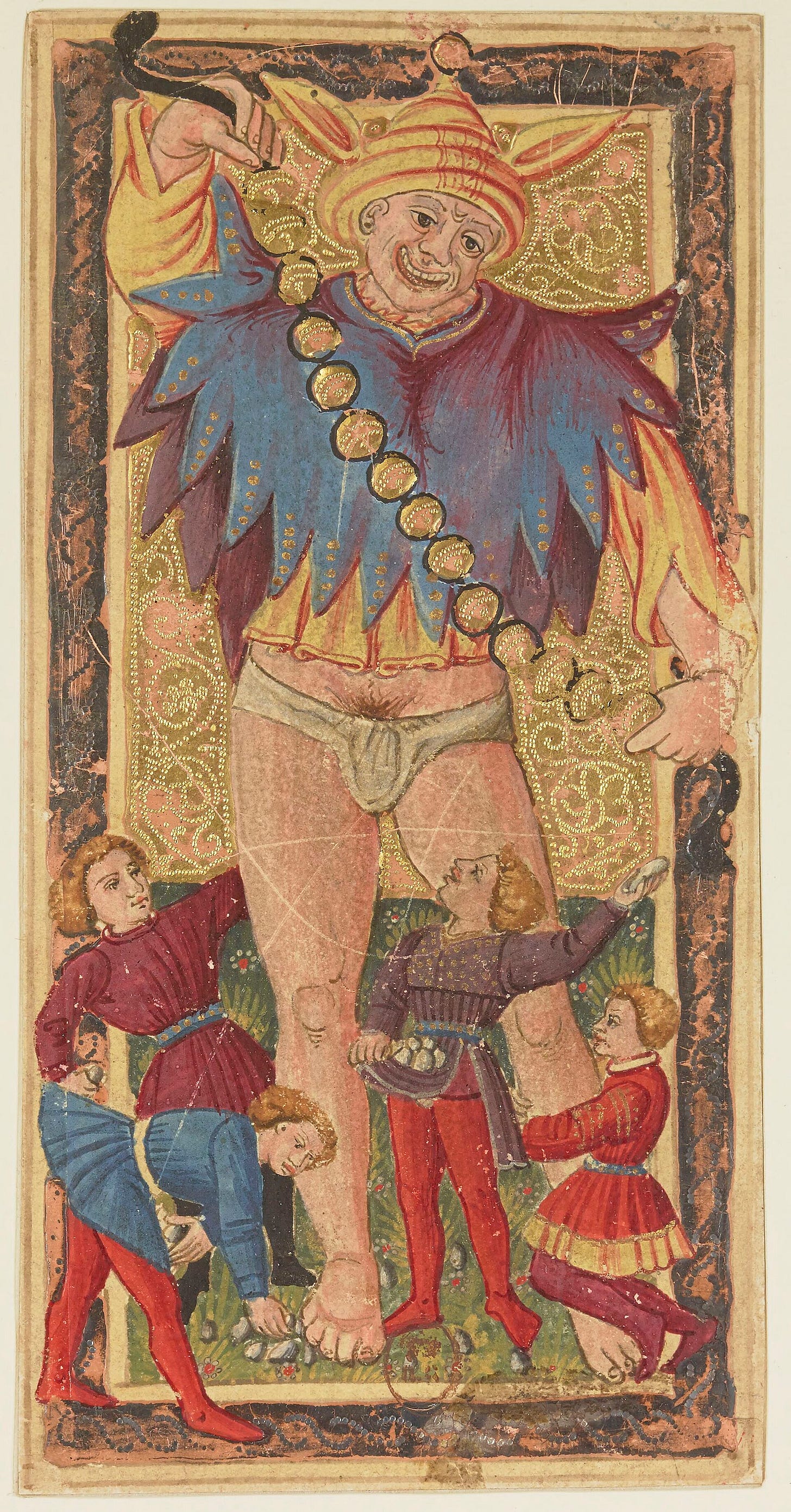 A painted card on a gold ground: a grinning giant jester in a ragged blue cape and a loincloth, a chain of gold balls across his chest, with four boys gathering stones at his feet.